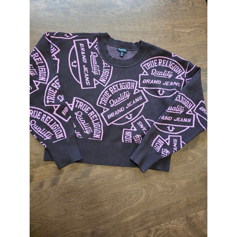 True Religion Womens Pink Logo Cropped Crewneck Sweater Small B251324 brown